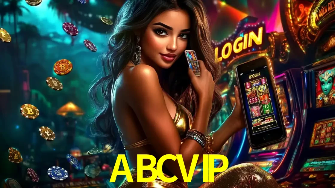 Mulher em um cenário de cassino temático de aventura, mostrando o app de caça-níqueis da ABCVIP no celular. Fichas de apostas flutuam ao redor.