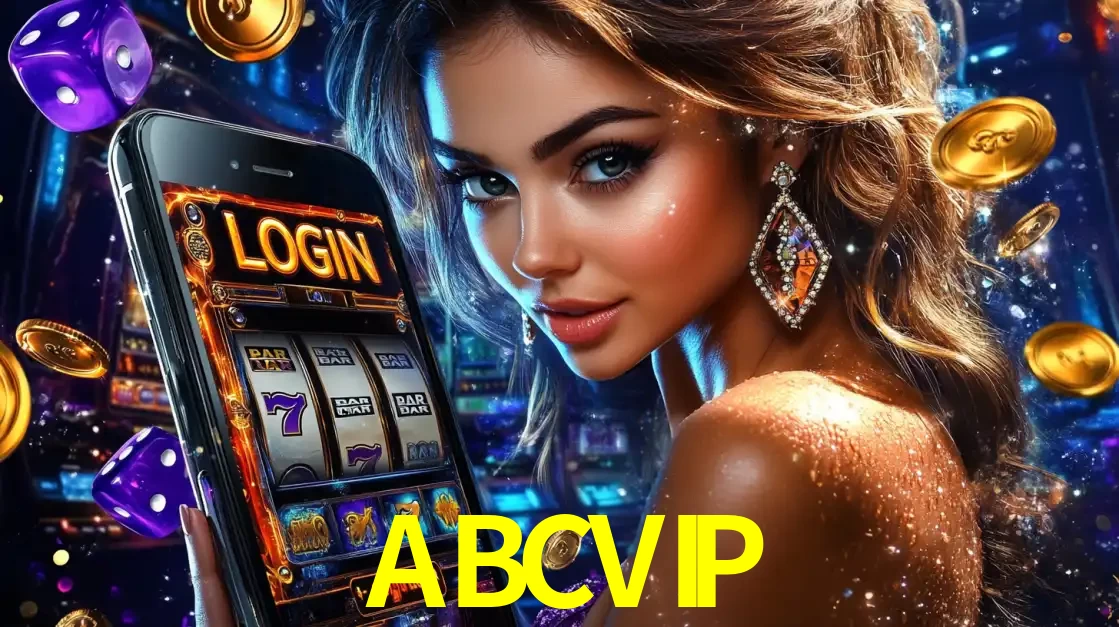 Mulher glamorosa segurando um smartphone com a tela de login para os jogos de caça-níqueis do cassino online ABCVIP, com moedas de ouro e dados ao redor.