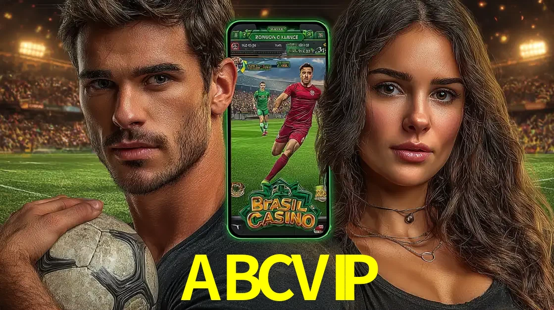 Homem segurando uma bola de futebol e uma mulher ao lado de um smartphone exibindo o jogo de apostas esportivas da ABCVIP. Faça seu palpite no cassino online.